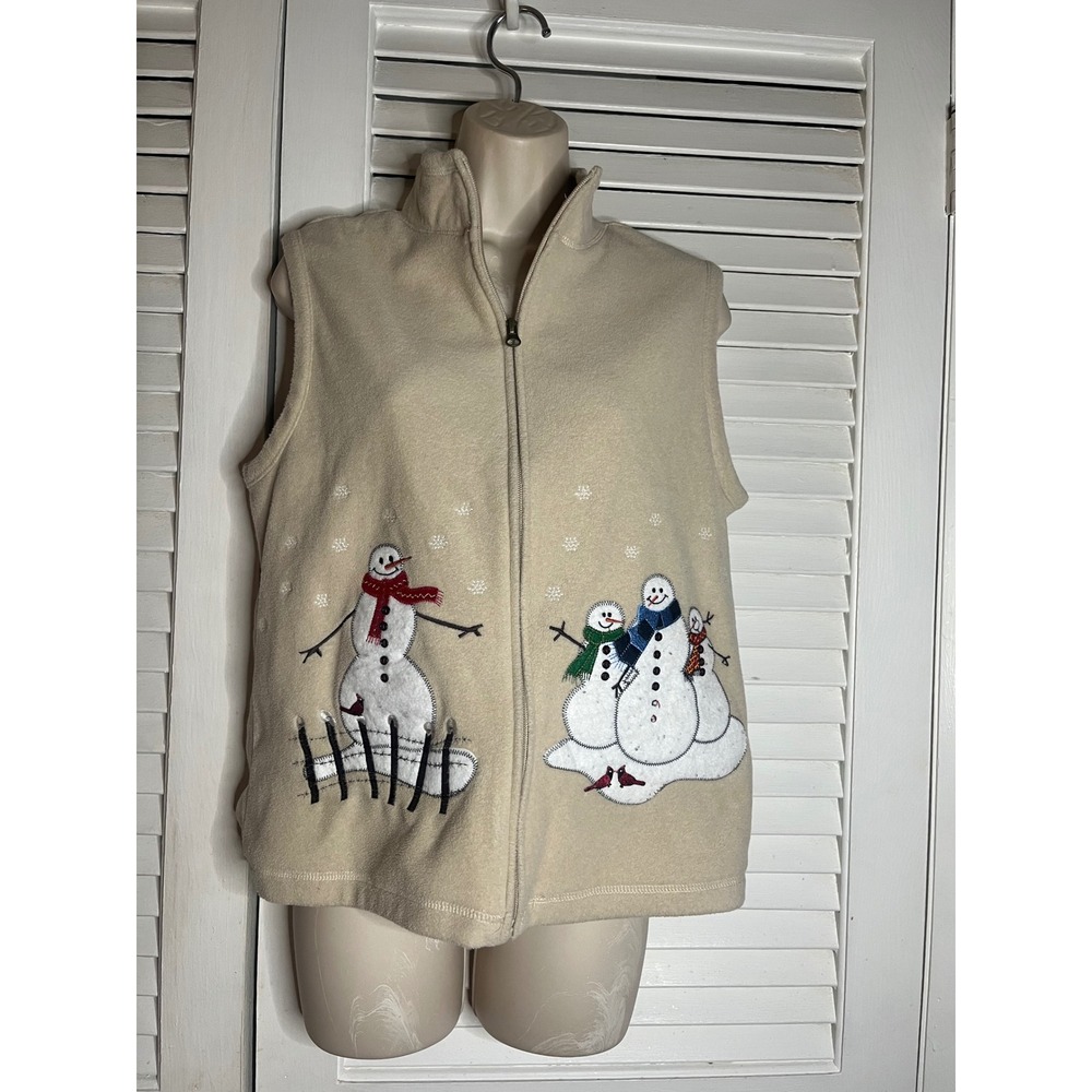 Vintage Rebecca Malone Petite Cream Fleece Snowman Embroidered Full Zip Vest PS